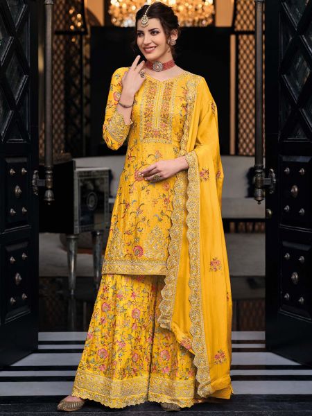 Yellow Thread Embroidered Salwar Suit With Dupatta