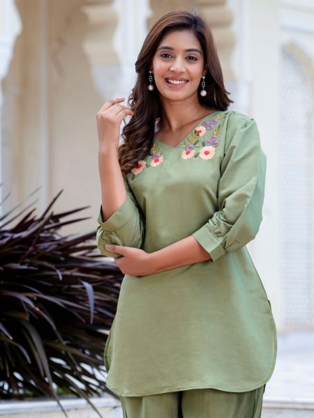 Sage Green Casual Co- Ord Set In Silk