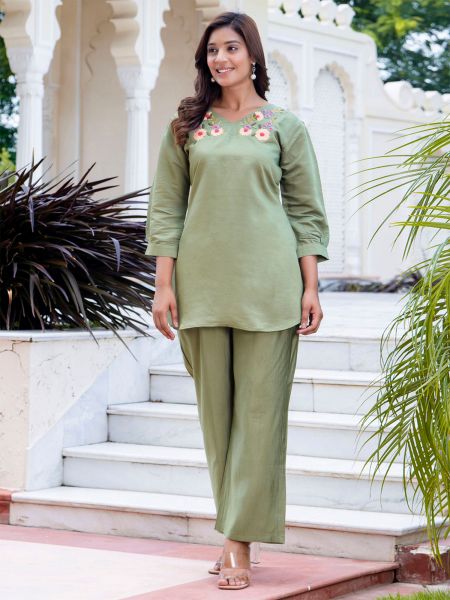 Sage Green Casual Co- Ord Set In Silk