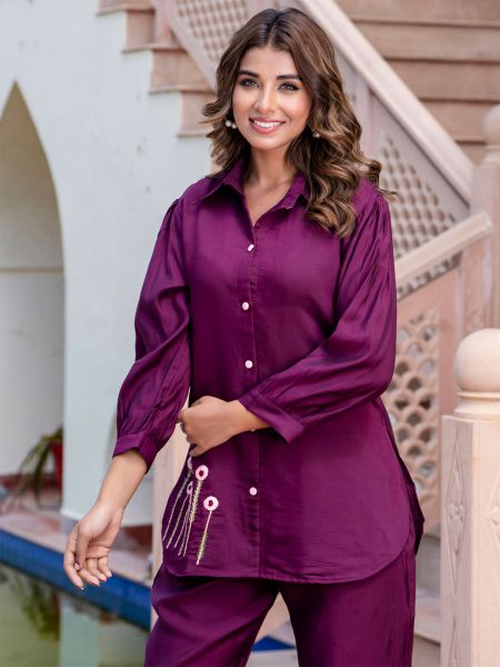 Wine Readymade Co- Ord Set In Hand Work