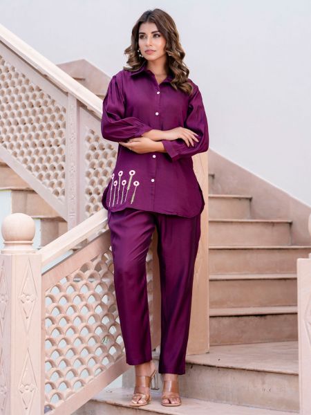 Wine Readymade Co- Ord Set In Hand Work