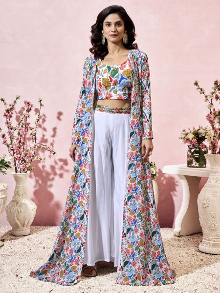 Multicolor Printed Dress With Palazzo & Shrug