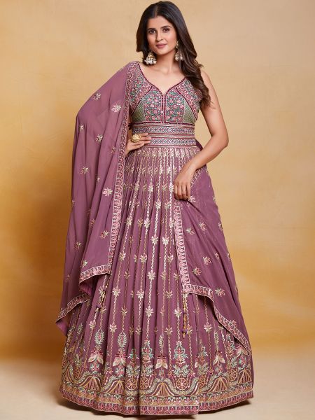 Purple Embroidered Anarkali Style Suit In Georgette