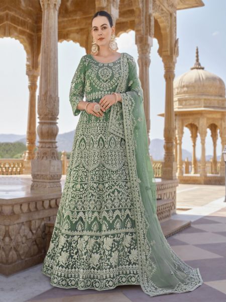 Sage Green Anarkali Style Zari Work Salwar Kameez In Net