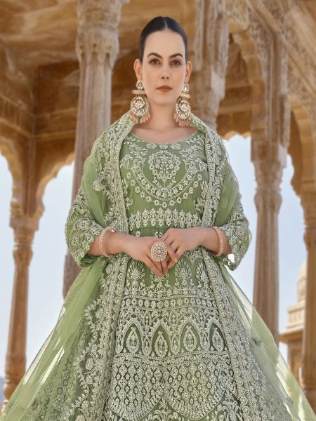 Olive Green Net Embroidered Salwar Suit In Anarkali Style