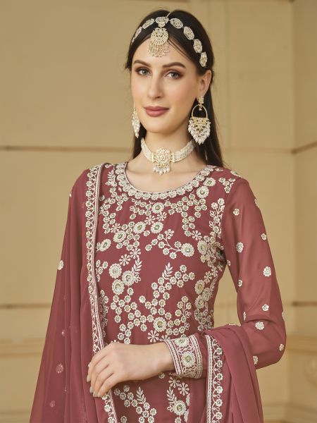 Mauve Sharara Suit In Georgette With Floral Thread Work