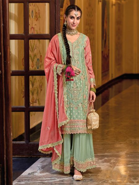 Pista Green Chinon Silk Stone Embroidered Salwar Kameez With Palazzo
