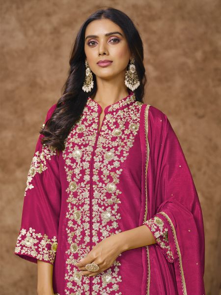 Magenta Palazzo Suit In Sequins Work With Dupatta