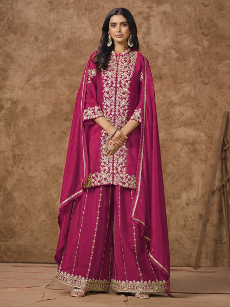 Magenta Palazzo Suit In Sequins Work With Dupatta