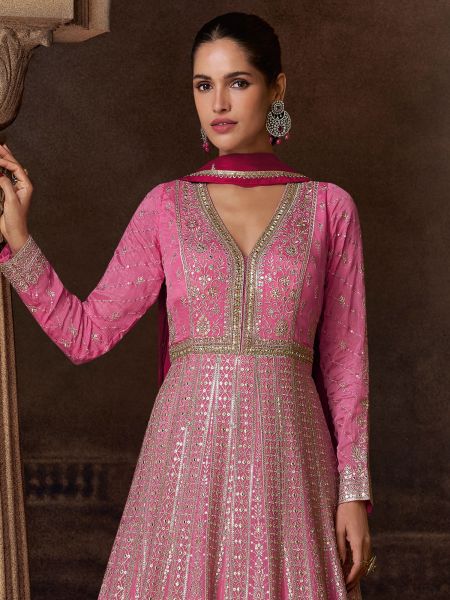 Pink Georgette Anarkali Suit In Heavy Embroidery