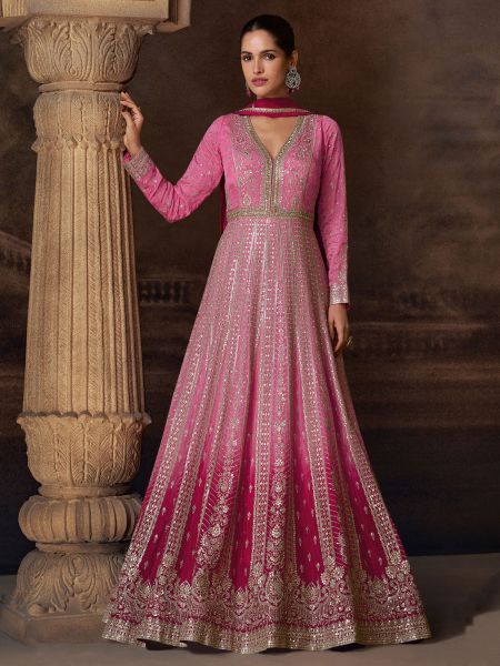 Pink Georgette Anarkali Suit In Heavy Embroidery
