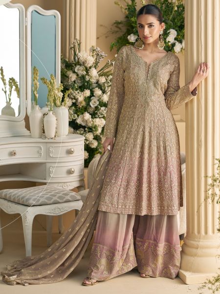 Beige And Pink Shaded Salwar Kameez In Palazzo Style