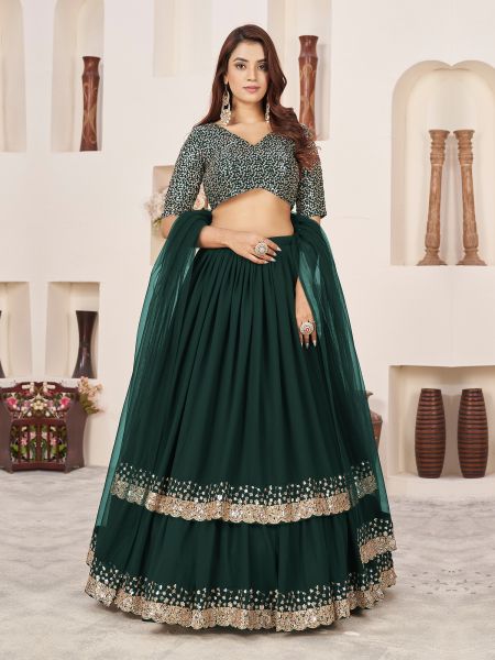 Dark Green Double Layer Lehenga With Sequin Embroidery
