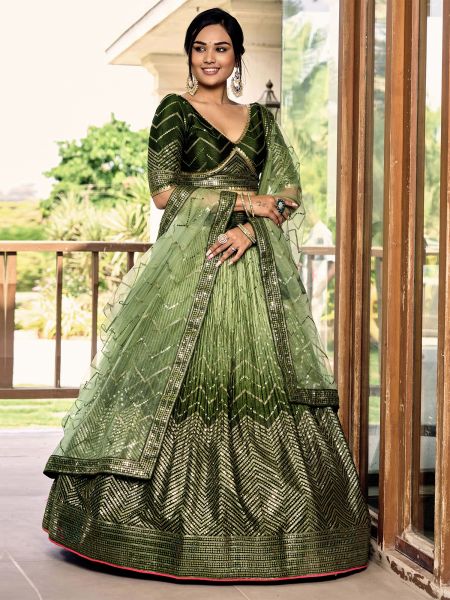 Moss Green Sequins Embellished Lehenga Choli In Chinon Silk