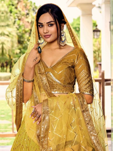 Mustard Yellow Pleated Lehenga Choli In Shaded Pattern With Sequins Work