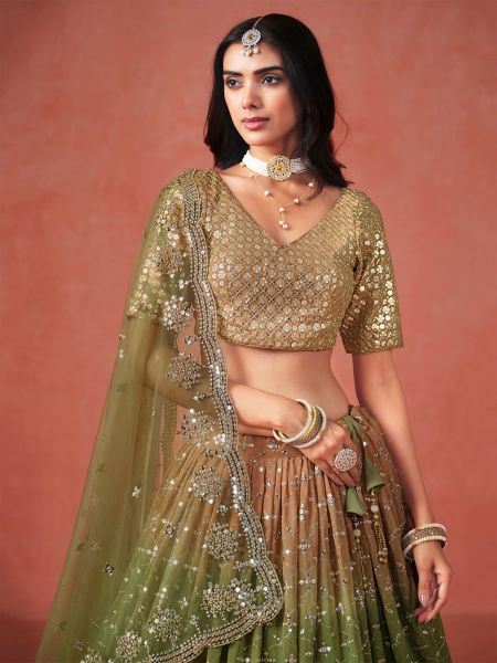 Brown And Green Shaded Lehenga Choli In Georgette