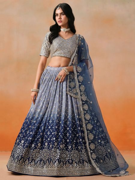 Blue Embroidered Wedding Lehenga Choli With Dupatta