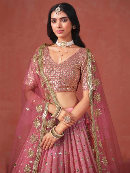 Pink Bridesmaid Lehenga Set With Net Dupatta