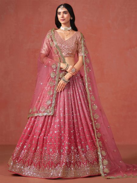 Pink Bridesmaid Lehenga Set With Net Dupatta